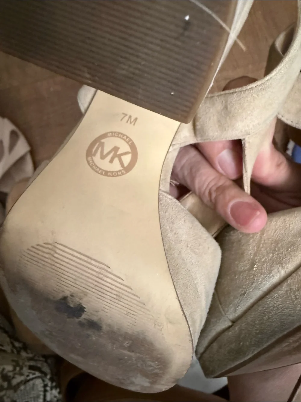 Michael Kors Beige Suede Peep-Toe Block Heel Sandals